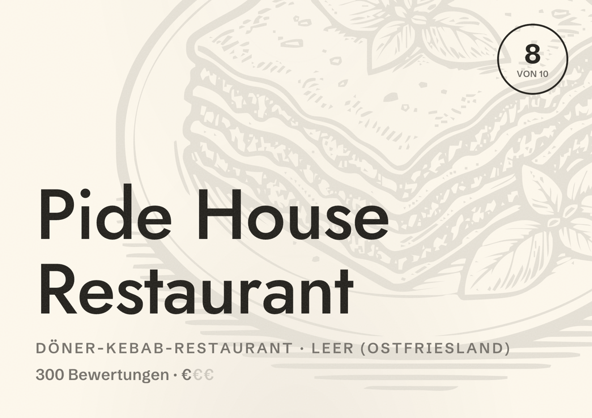Illustriertes Poster von Pide House Restaurant, Döner-Kebab-Restaurant in Leer (Ostfriesland): Bewertung 8 von 10 aus 300 Bewertungen, Preisniveau €