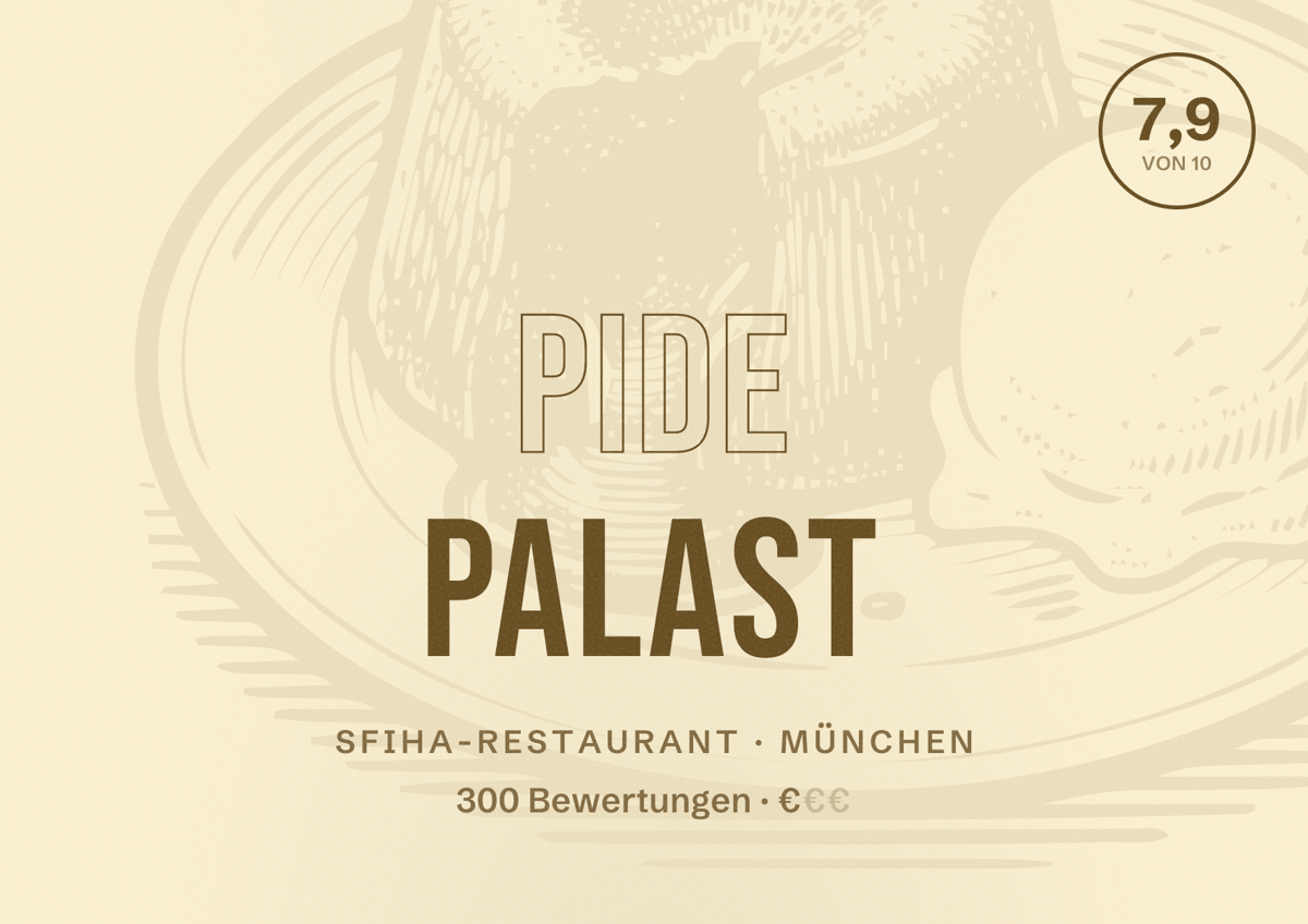 Illustriertes Poster von Pide Palast, Sfiha-Restaurant in München: Bewertung 7,9 von 10 aus 300 Bewertungen, Preisniveau €