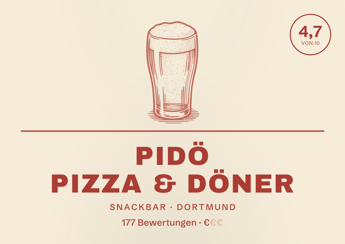 Illustriertes Poster von PIDÖ Pizza & Döner, Snackbar in Dortmund: Bewertung 4,7 von 10 aus 177 Bewertungen, Preisniveau €