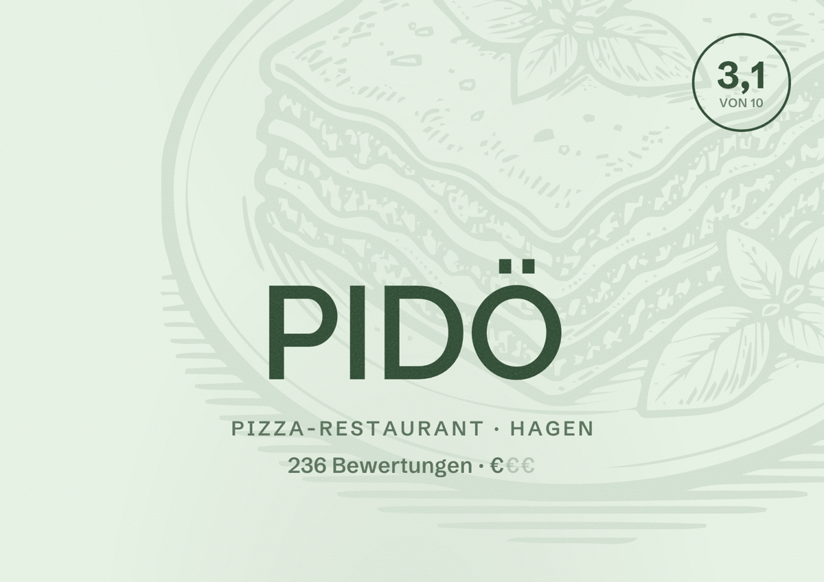 Illustriertes Poster von PIDÖ, Pizza-Restaurant in Hagen: Bewertung 3,1 von 10 aus 236 Bewertungen, Preisniveau €