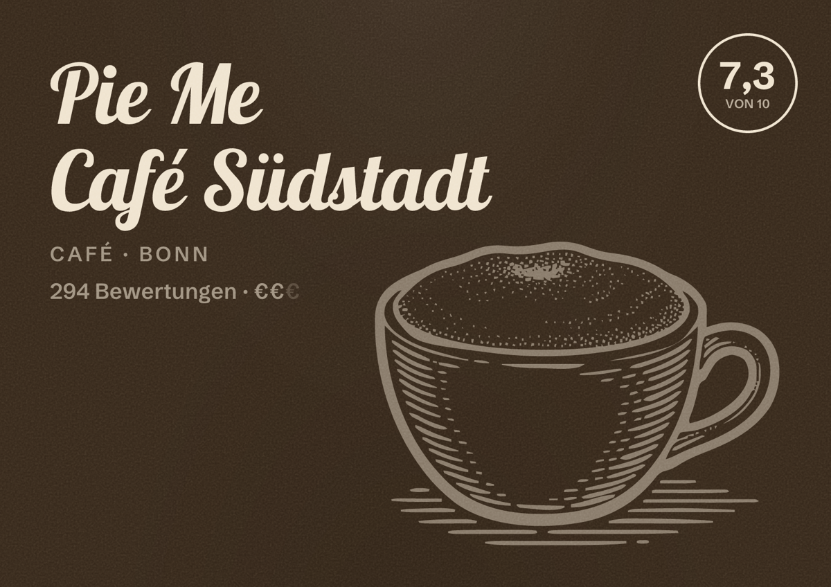 Illustriertes Poster von Pie Me Café Südstadt, Café in Bonn: Bewertung 7,3 von 10 aus 294 Bewertungen, Preisniveau €€