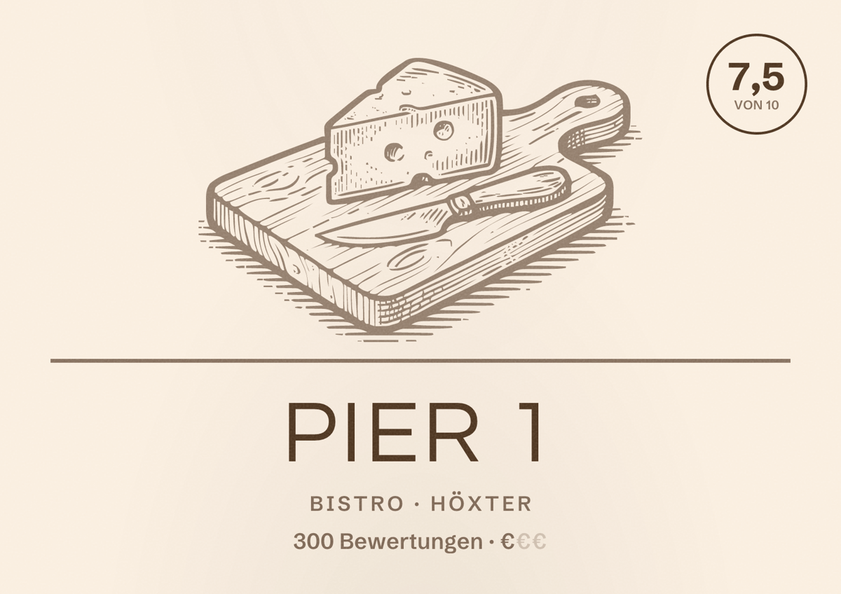 Illustriertes Poster von Pier 1, Bistro in Höxter: Bewertung 7,5 von 10 aus 300 Bewertungen, Preisniveau €