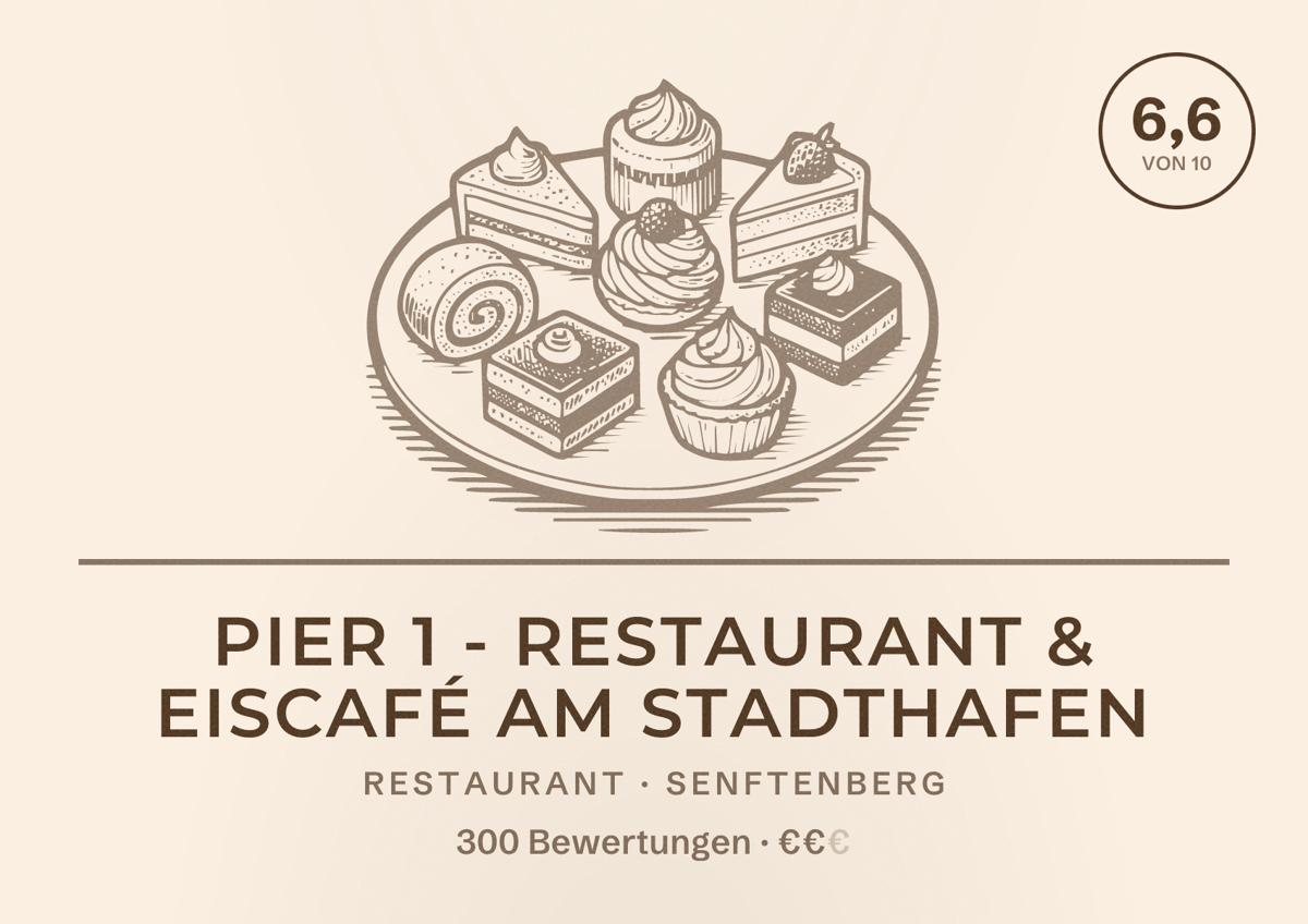Illustriertes Poster von Pier 1 - Restaurant & Eiscafé am Stadthafen, Restaurant in Senftenberg: Bewertung 6,6 von 10 aus 300 Bewertungen, Preisniveau €€