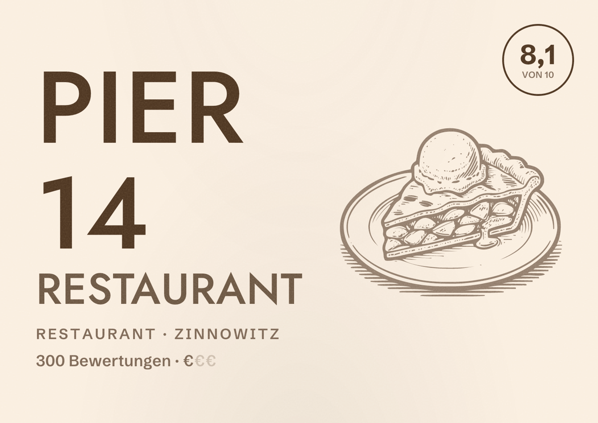 Illustriertes Poster von Pier 14 Restaurant, Restaurant in Zinnowitz: Bewertung 8,1 von 10 aus 300 Bewertungen, Preisniveau €