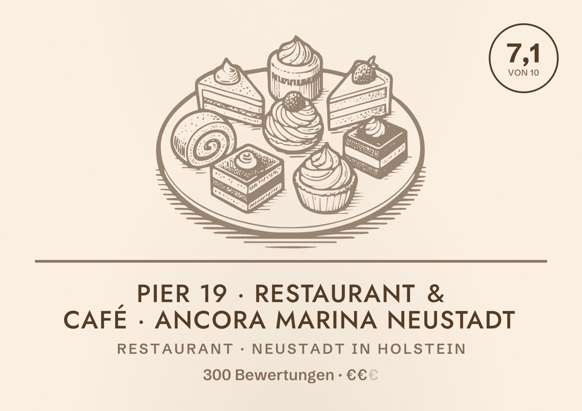 Illustriertes Poster von Pier 19 · Restaurant & Café · ancora Marina Neustadt, Restaurant in Neustadt in Holstein: Bewertung 7,1 von 10 aus 300 Bewertungen, Preisniveau €€