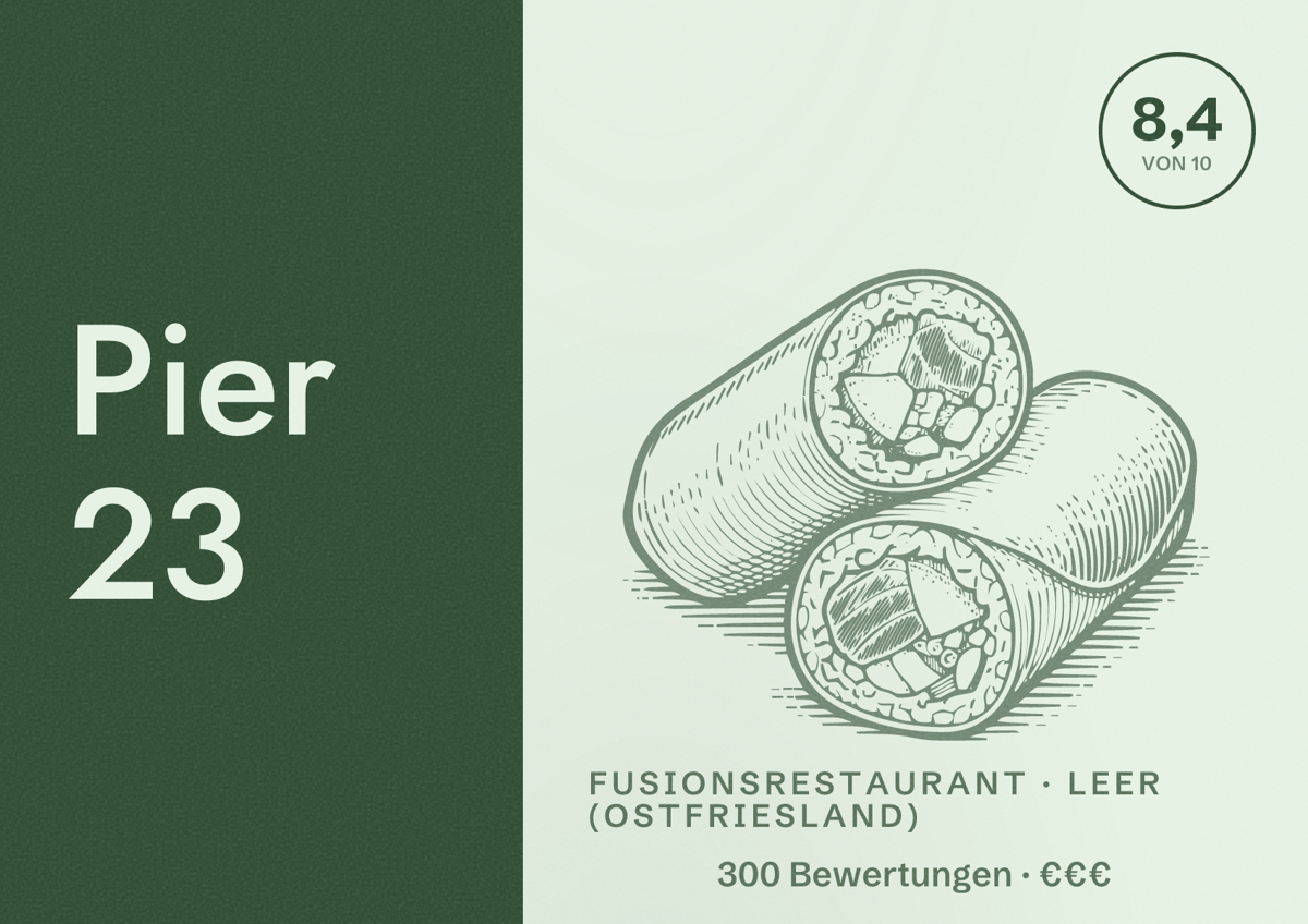 Illustriertes Poster von Pier 23, Fusionsrestaurant in Leer (Ostfriesland): Bewertung 8,4 von 10 aus 300 Bewertungen, Preisniveau €€€