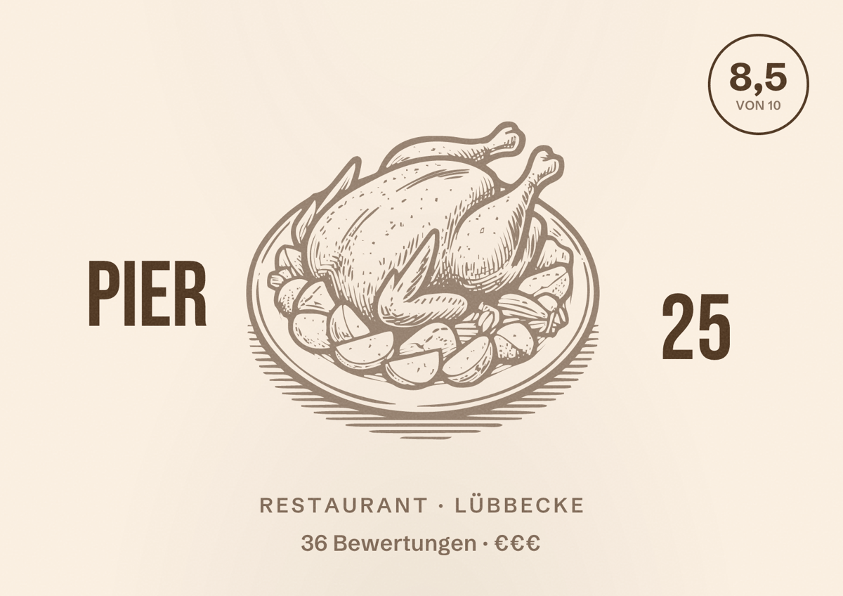 Illustriertes Poster von Pier 25, Restaurant in Lübbecke: Bewertung 8,5 von 10 aus 36 Bewertungen, Preisniveau €€€