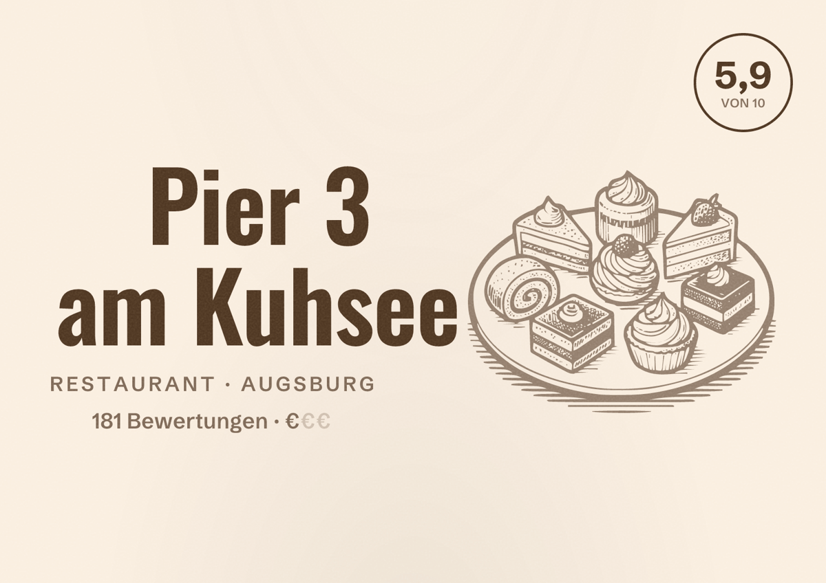 Illustriertes Poster von Pier 3 am Kuhsee, Restaurant in Augsburg: Bewertung 5,9 von 10 aus 181 Bewertungen, Preisniveau €