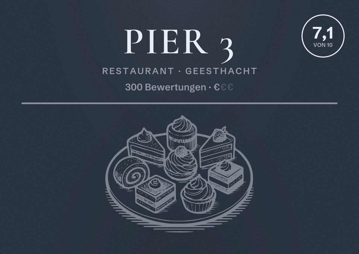 Illustriertes Poster von Pier 3, Restaurant in Geesthacht: Bewertung 7,1 von 10 aus 300 Bewertungen, Preisniveau €