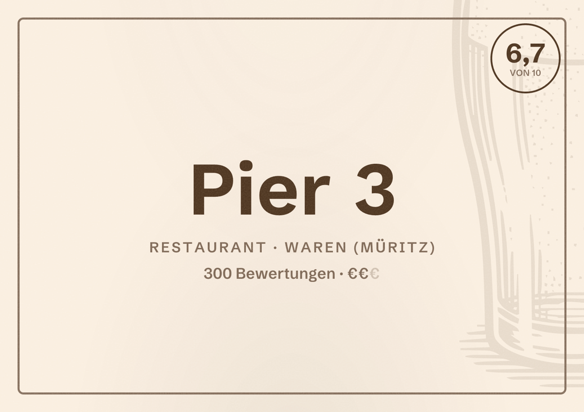 Illustriertes Poster von Pier 3, Restaurant in Waren (Müritz): Bewertung 6,7 von 10 aus 300 Bewertungen, Preisniveau €€