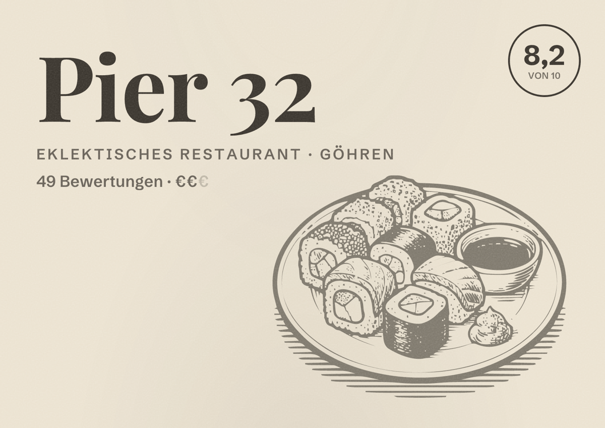Illustriertes Poster von Pier 32, Eklektisches Restaurant in Göhren: Bewertung 8,2 von 10 aus 49 Bewertungen, Preisniveau €€