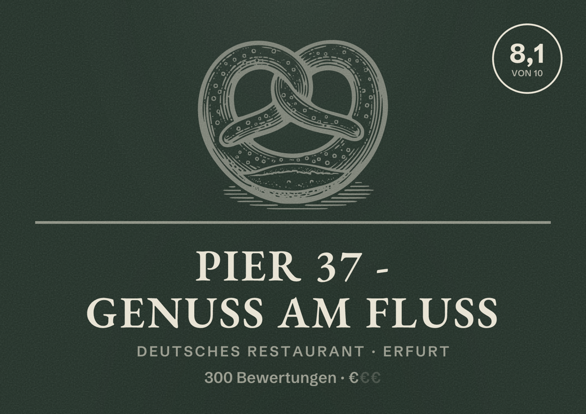 Illustriertes Poster von Pier 37 - Genuss am Fluss, Deutsches Restaurant in Erfurt: Bewertung 8,1 von 10 aus 300 Bewertungen, Preisniveau €