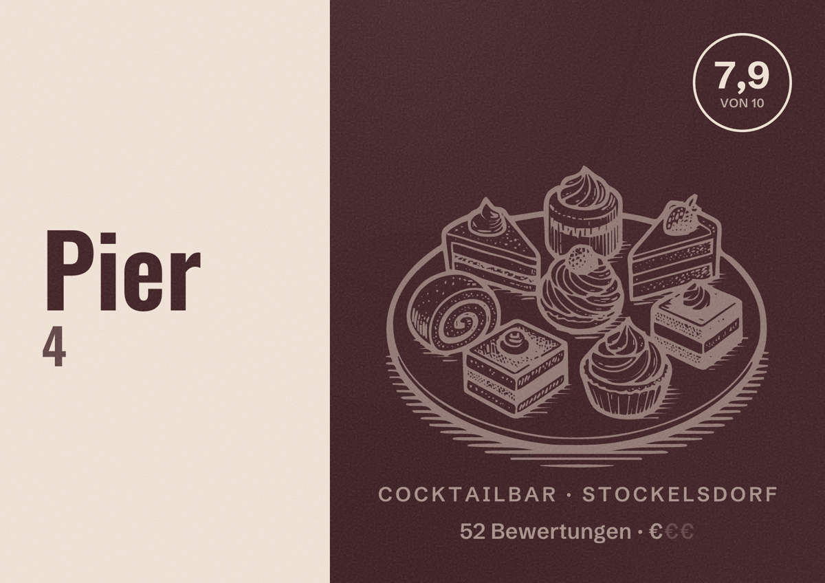 Illustriertes Poster von Pier 4, Cocktailbar in Stockelsdorf: Bewertung 7,9 von 10 aus 52 Bewertungen, Preisniveau €
