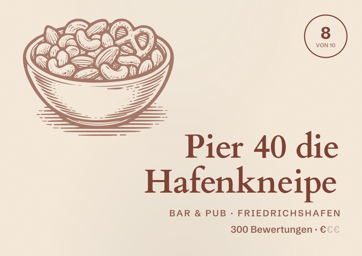 Illustriertes Poster von Pier 40 die Hafenkneipe, Bar & Pub in Friedrichshafen: Bewertung 8 von 10 aus 300 Bewertungen, Preisniveau €