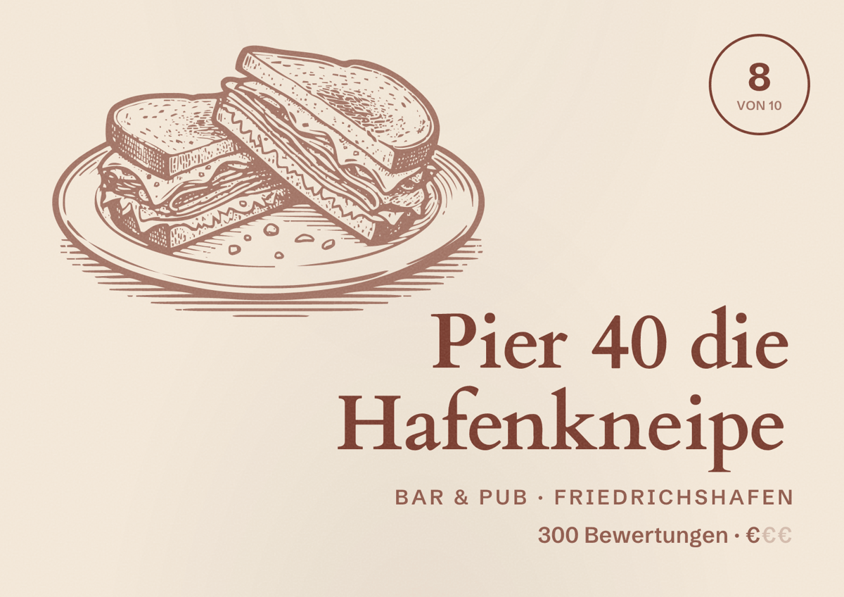Illustriertes Poster von Pier 40 die Hafenkneipe, Bar & Pub in Friedrichshafen: Bewertung 8 von 10 aus 300 Bewertungen, Preisniveau €