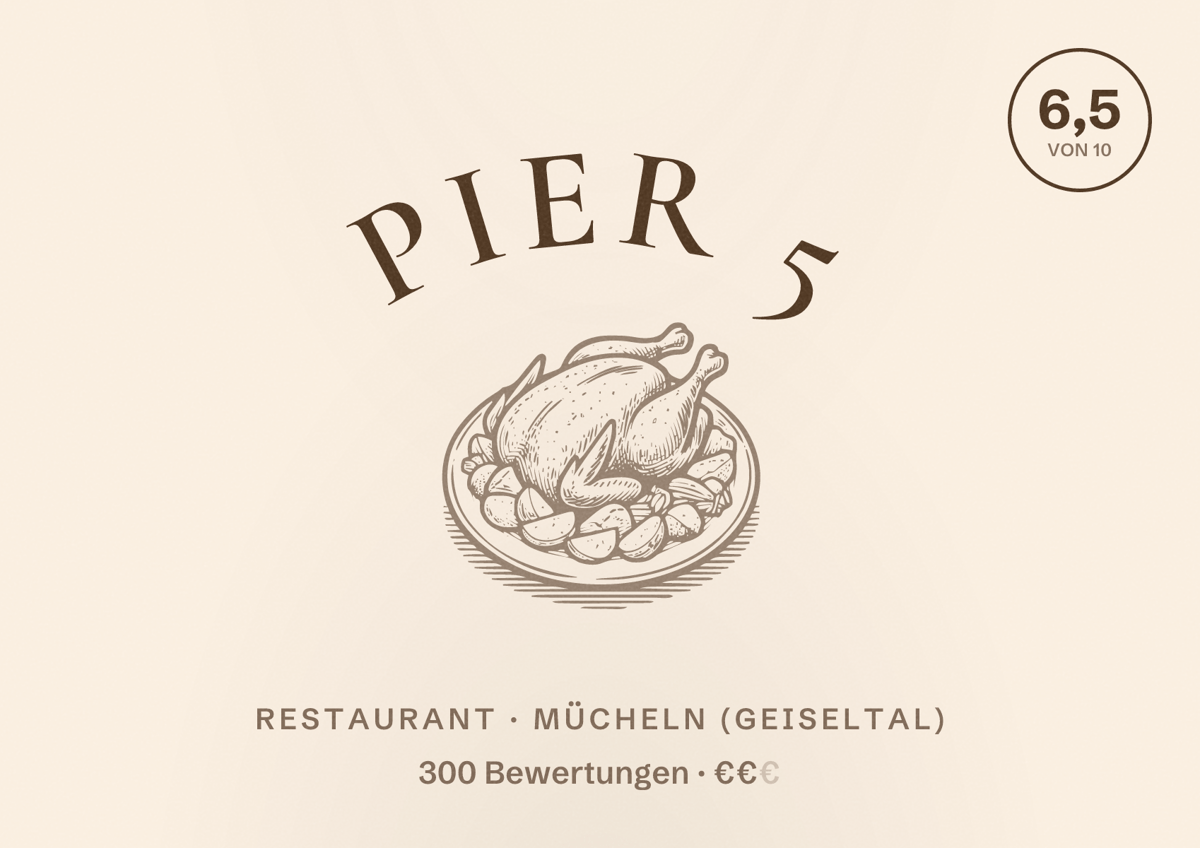 Illustriertes Poster von Pier 5, Restaurant in Mücheln (Geiseltal): Bewertung 6,5 von 10 aus 300 Bewertungen, Preisniveau €€