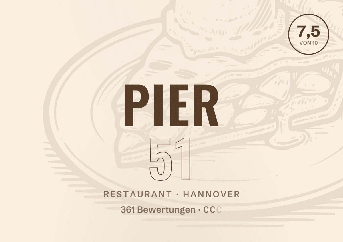 Illustriertes Poster von Pier 51, Restaurant in Hannover: Bewertung 7,5 von 10 aus 361 Bewertungen, Preisniveau €€