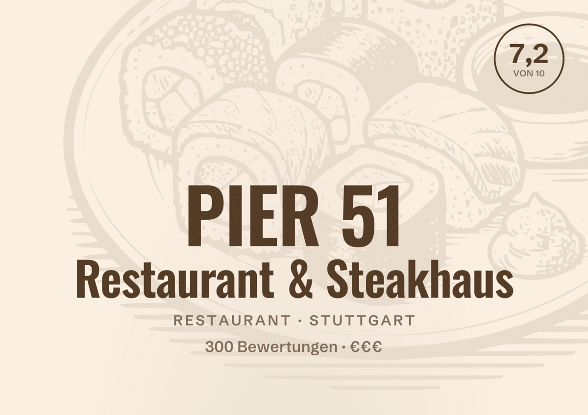 Illustriertes Poster von PIER 51 Restaurant & Steakhaus, Restaurant in Stuttgart: Bewertung 7,2 von 10 aus 300 Bewertungen, Preisniveau €€€