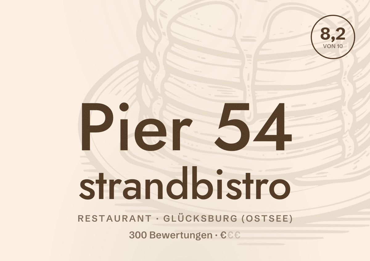Illustriertes Poster von Pier 54 strandbistro, Restaurant in Glücksburg (Ostsee): Bewertung 8,2 von 10 aus 300 Bewertungen, Preisniveau €