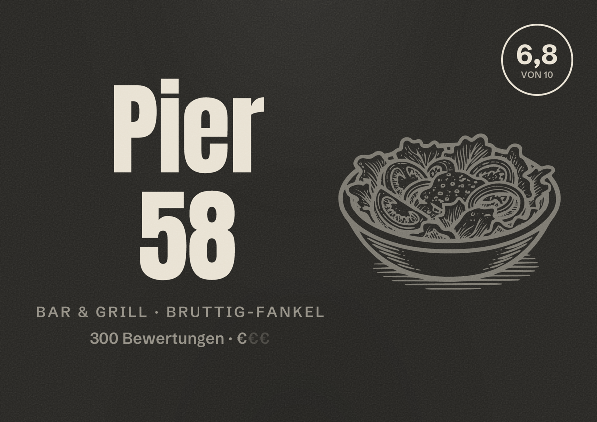 Illustriertes Poster von Pier 58, Bar & Grill in Bruttig-Fankel: Bewertung 6,8 von 10 aus 300 Bewertungen, Preisniveau €