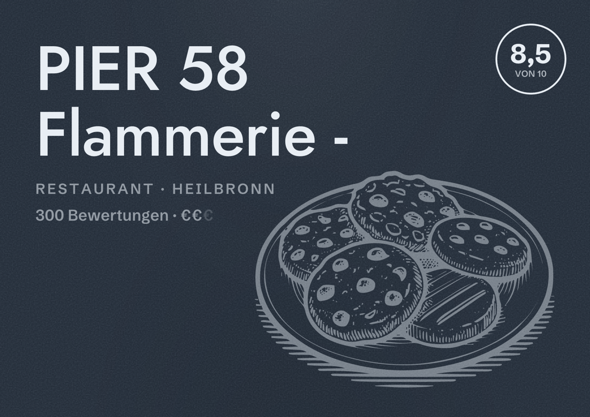 Illustriertes Poster von PIER 58 Flammerie -, Restaurant in Heilbronn: Bewertung 8,5 von 10 aus 300 Bewertungen, Preisniveau €€
