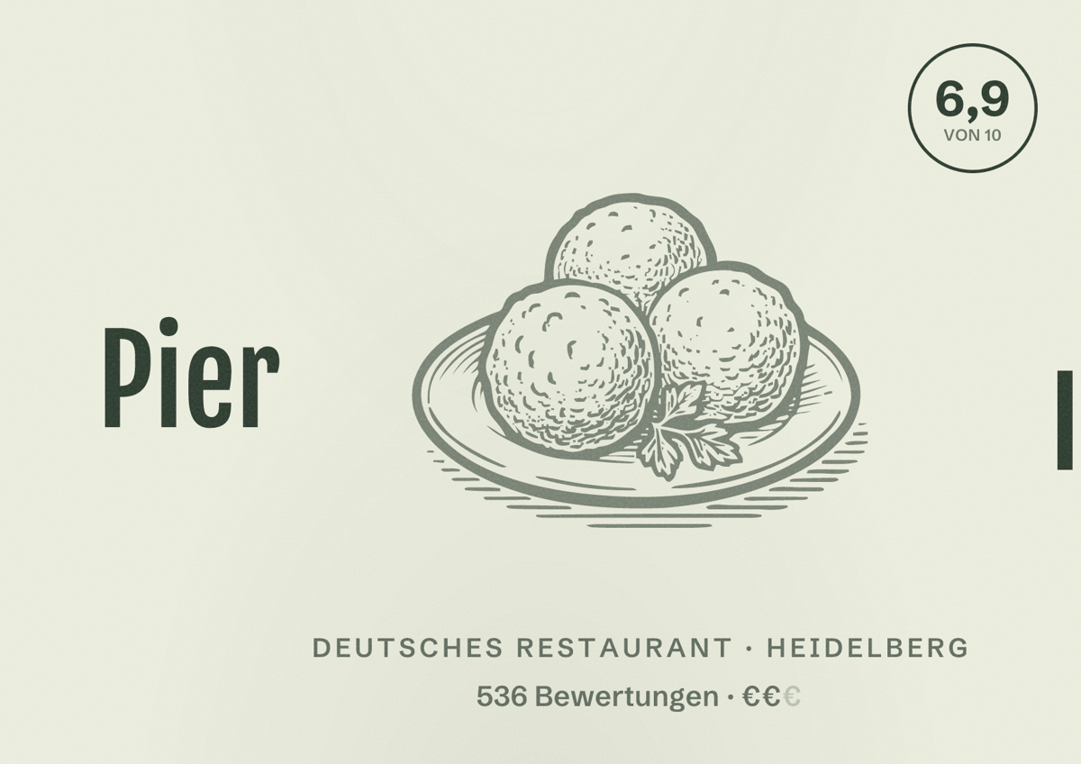 Illustriertes Poster von Pier IV, Deutsches Restaurant in Heidelberg: Bewertung 6,9 von 10 aus 536 Bewertungen, Preisniveau €€