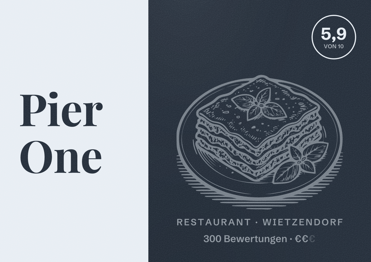 Illustriertes Poster von Pier One, Restaurant in Wietzendorf: Bewertung 5,9 von 10 aus 300 Bewertungen, Preisniveau €€