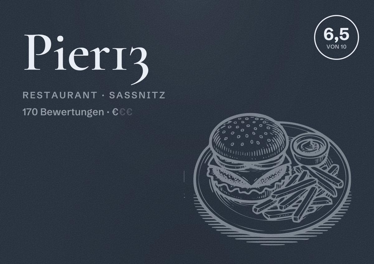 Illustriertes Poster von Pier13, Restaurant in Sassnitz: Bewertung 6,5 von 10 aus 170 Bewertungen, Preisniveau €