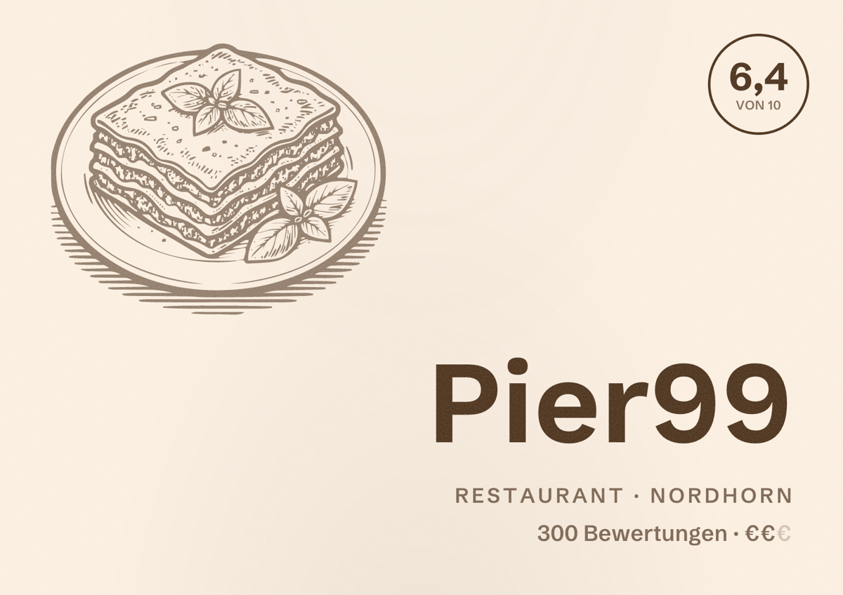 Illustriertes Poster von Pier99, Restaurant in Nordhorn: Bewertung 6,4 von 10 aus 300 Bewertungen, Preisniveau €€