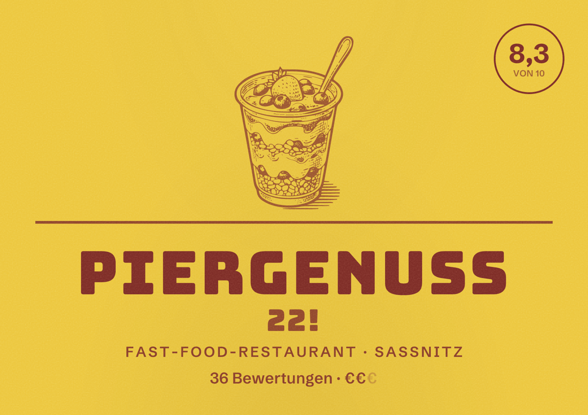 Illustriertes Poster von PIERGENUSS 22!, Fast-Food-Restaurant in Sassnitz: Bewertung 8,3 von 10 aus 36 Bewertungen, Preisniveau €€