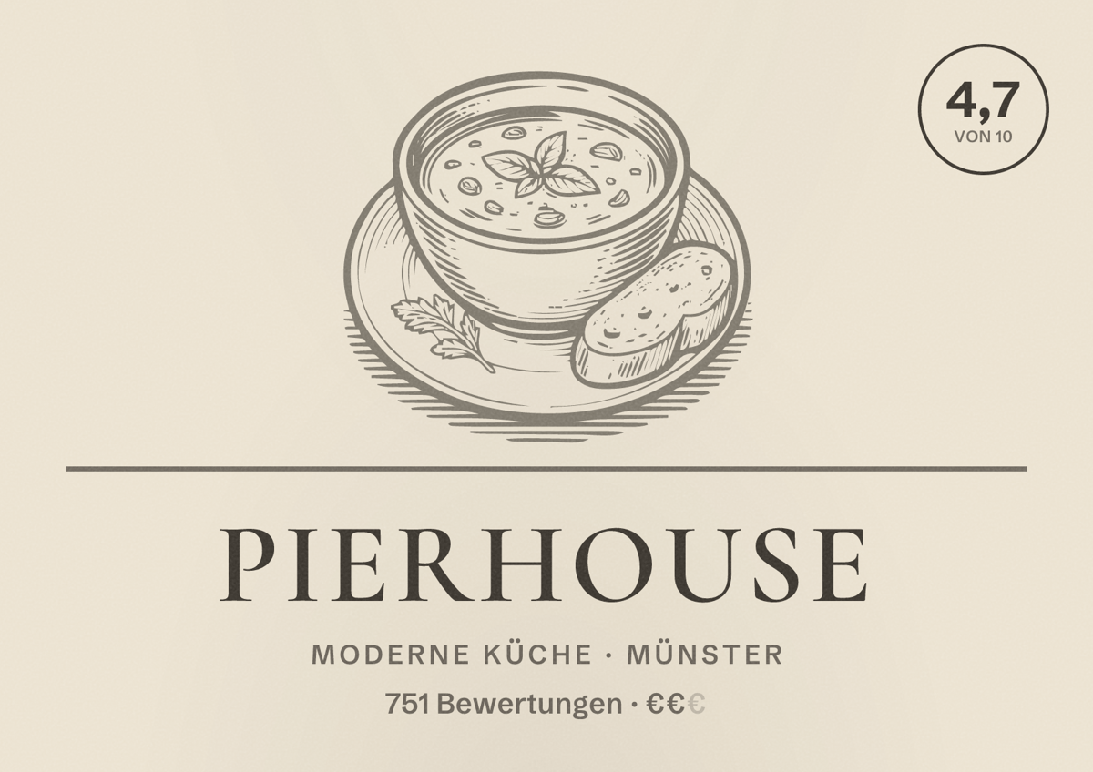 Illustriertes Poster von PierHouse, Moderne Küche in Münster: Bewertung 4,7 von 10 aus 751 Bewertungen, Preisniveau €€