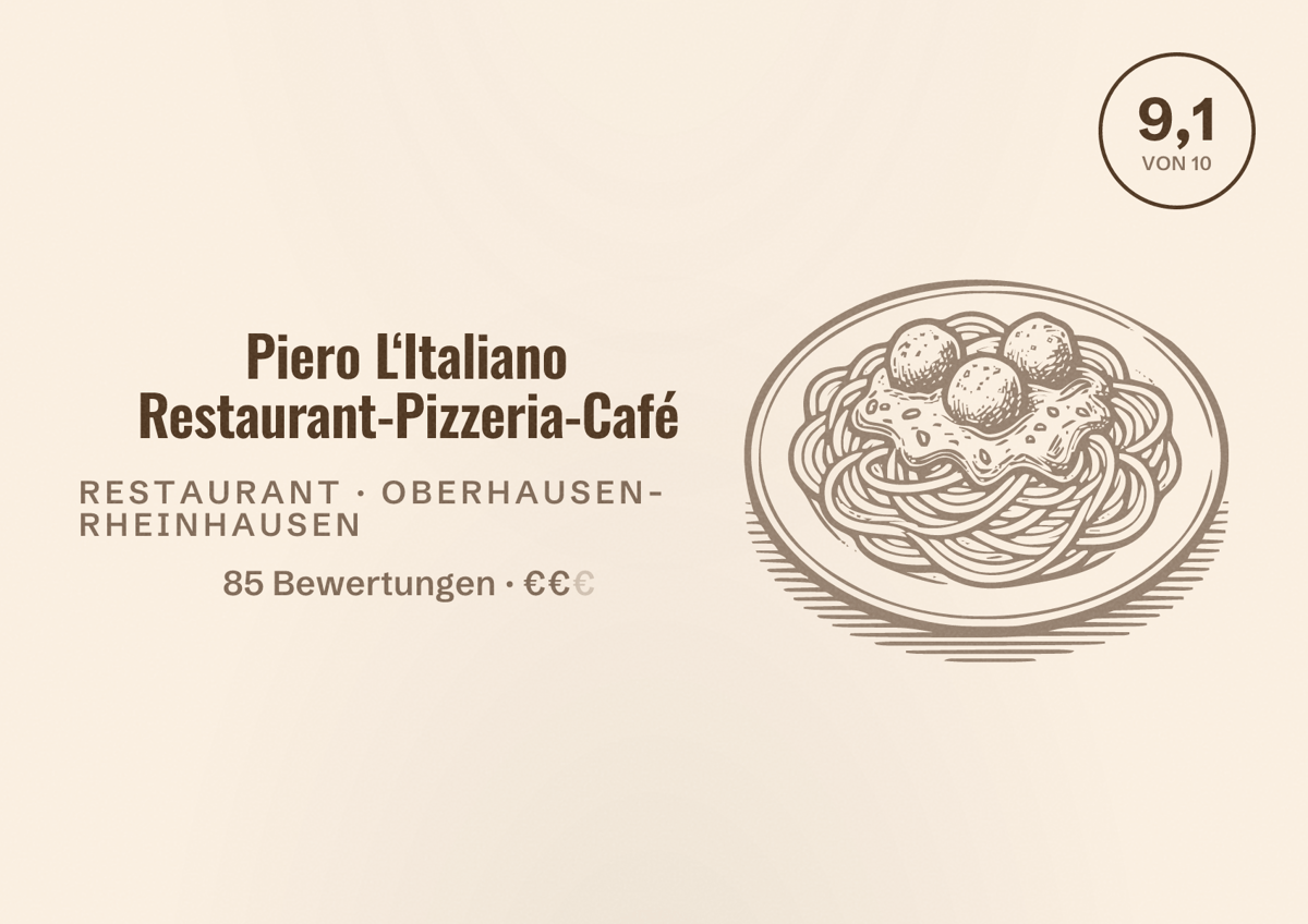 Illustriertes Poster von Piero L‘Italiano Restaurant-Pizzeria-Café, Restaurant in Oberhausen-Rheinhausen: Bewertung 9,1 von 10 aus 85 Bewertungen, Preisniveau €€