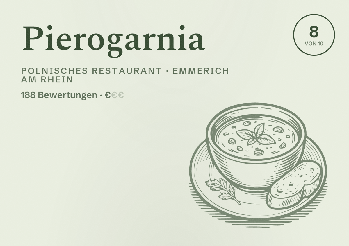 Illustriertes Poster von Pierogarnia, Polnisches Restaurant in Emmerich am Rhein: Bewertung 8 von 10 aus 188 Bewertungen, Preisniveau €