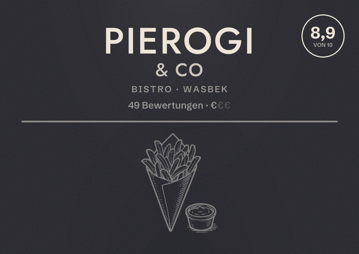 Illustriertes Poster von Pierogi & Co, Bistro in Wasbek: Bewertung 8,9 von 10 aus 49 Bewertungen, Preisniveau €