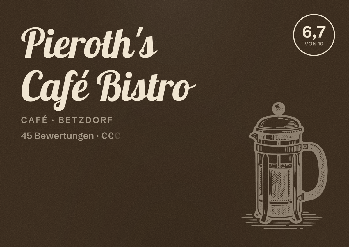 Illustriertes Poster von Pieroth's Café Bistro, Café in Betzdorf: Bewertung 6,7 von 10 aus 45 Bewertungen, Preisniveau €€