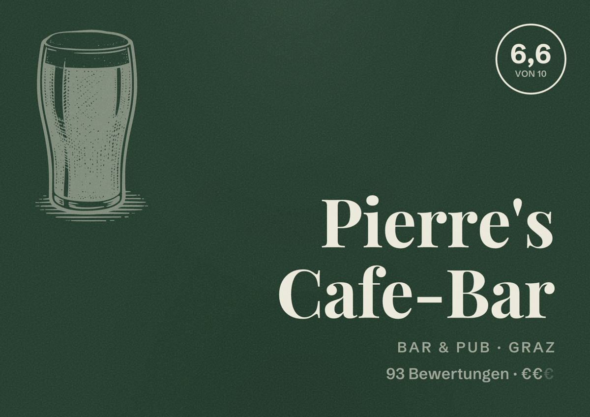 Illustriertes Poster von Pierre's Cafe-Bar, Bar & Pub in Graz: Bewertung 6,6 von 10 aus 93 Bewertungen, Preisniveau €€