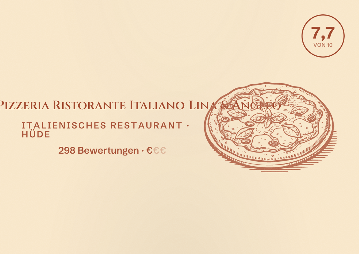 Illustriertes Poster von Pierrot Pizzeria Ristorante Italiano Lina & Angelo, Italienisches Restaurant in Hüde: Bewertung 7,7 von 10 aus 298 Bewertungen, Preisniveau €