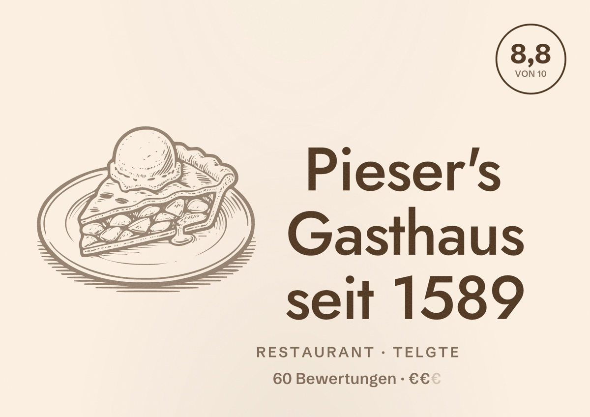 Illustriertes Poster von Pieser's Gasthaus seit 1589, Restaurant in Telgte: Bewertung 8,8 von 10 aus 60 Bewertungen, Preisniveau €€