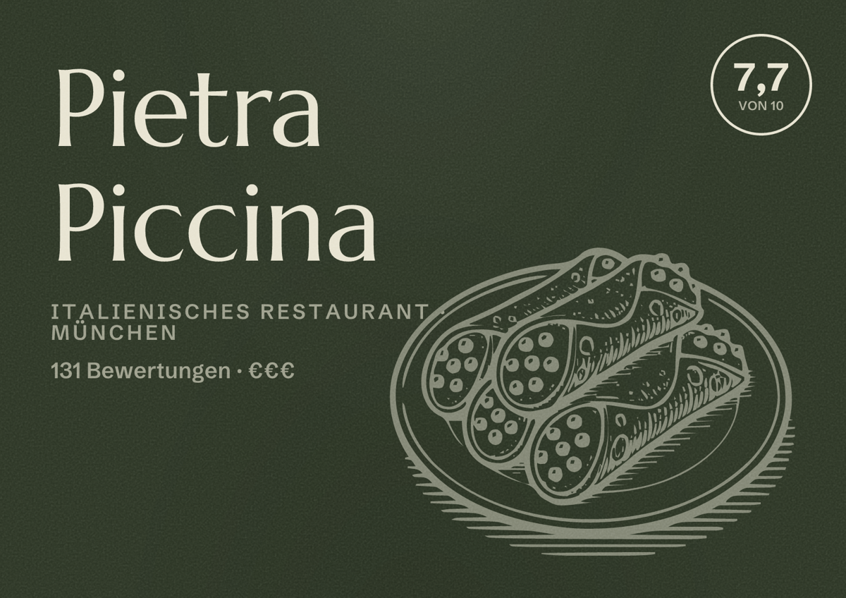 Illustriertes Poster von Pietra Piccina, Italienisches Restaurant in München: Bewertung 7,7 von 10 aus 131 Bewertungen, Preisniveau €€€