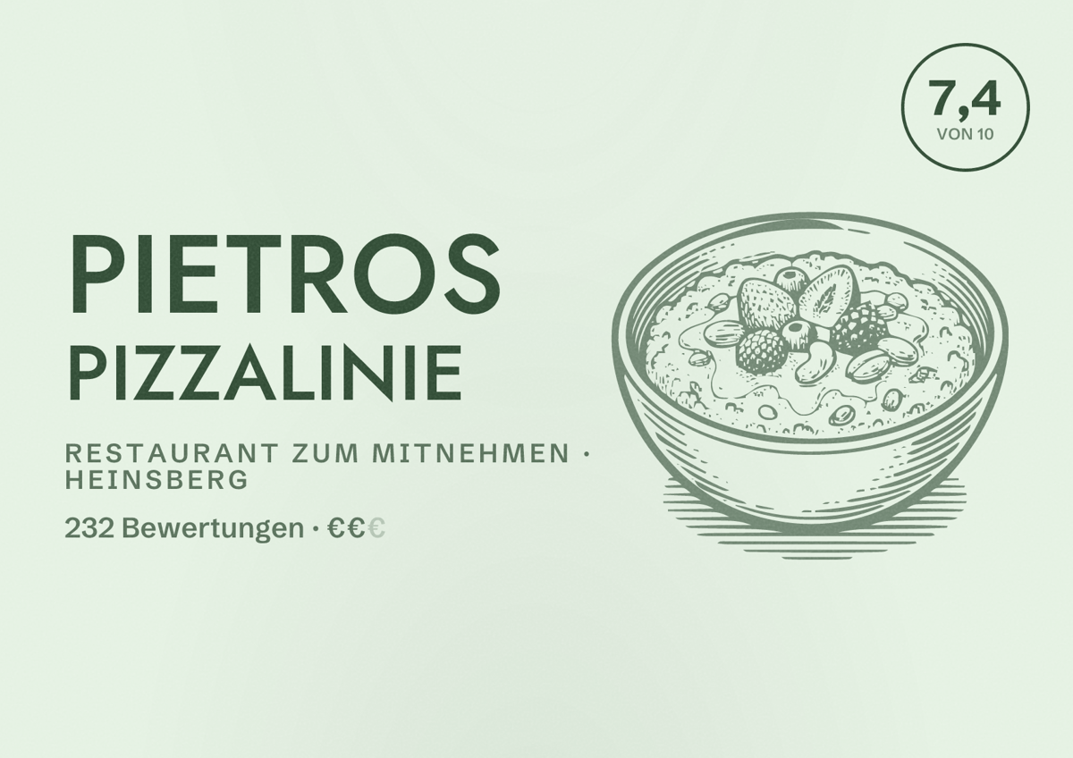 Illustriertes Poster von Pietros Pizzalinie, Restaurant zum Mitnehmen in Heinsberg: Bewertung 7,4 von 10 aus 232 Bewertungen, Preisniveau €€