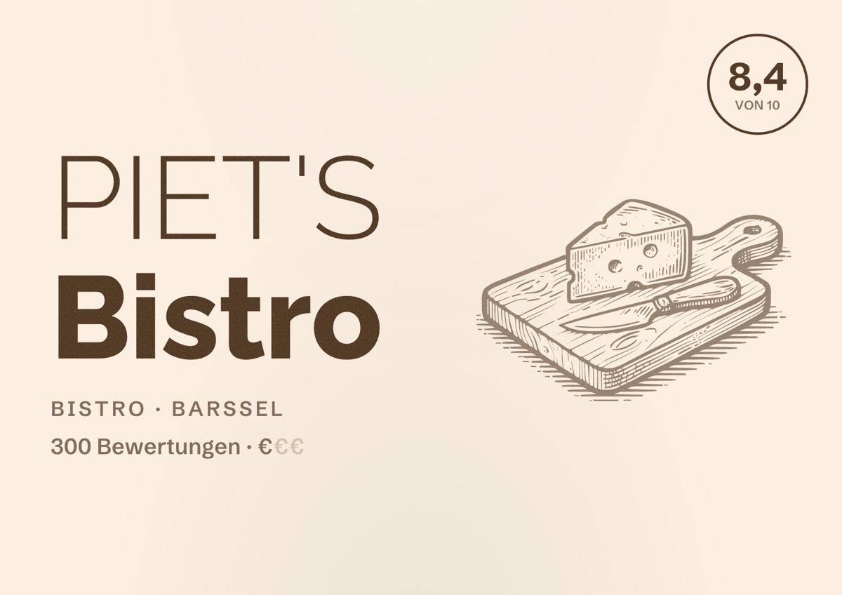 Illustriertes Poster von PIET'S Bistro, Bistro in Barßel: Bewertung 8,4 von 10 aus 300 Bewertungen, Preisniveau €