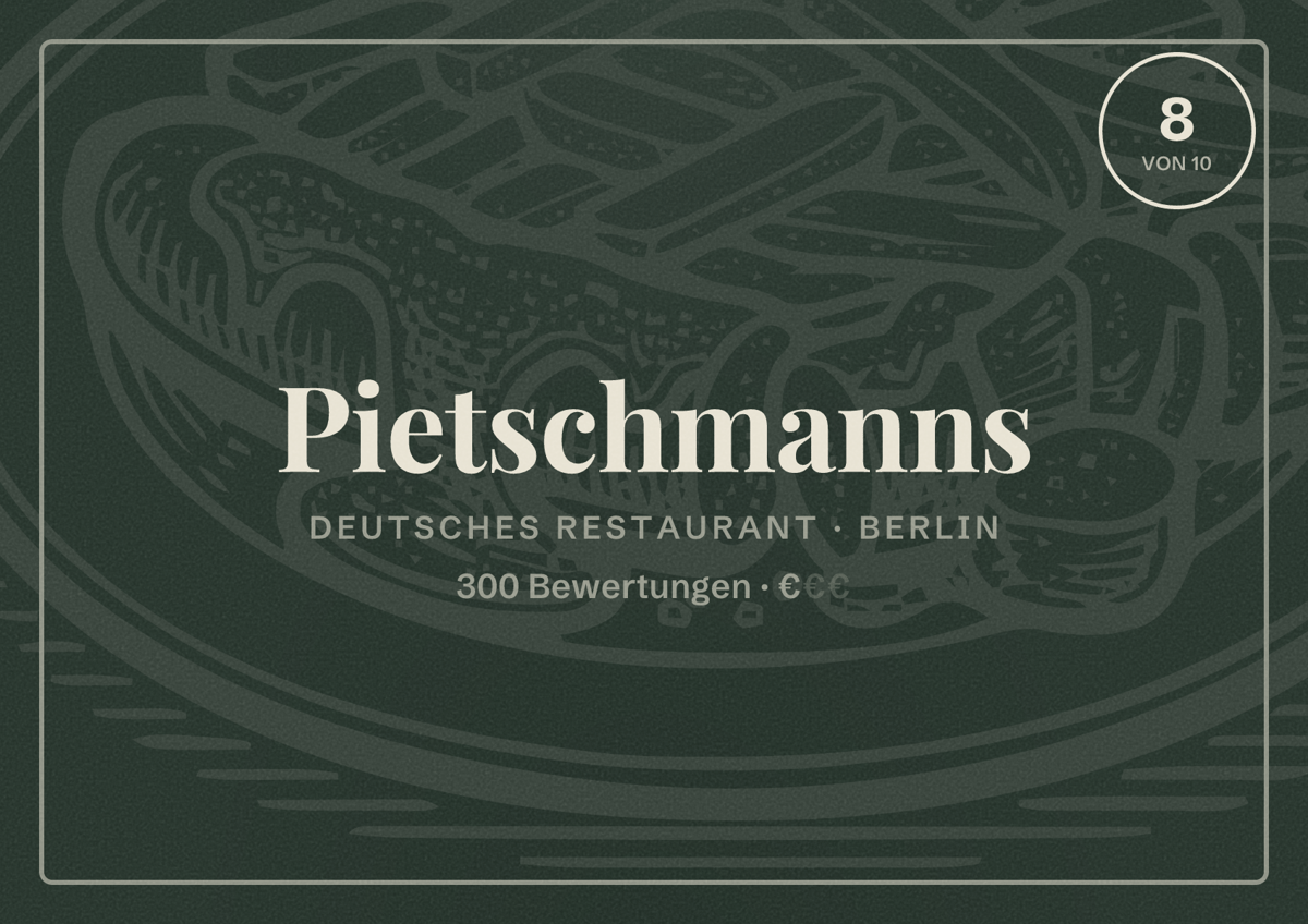 Illustriertes Poster von Pietschmanns, Deutsches Restaurant in Berlin: Bewertung 8 von 10 aus 300 Bewertungen, Preisniveau €