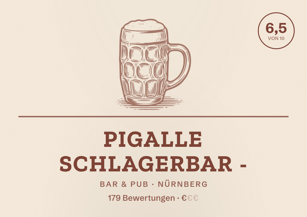 Illustriertes Poster von Pigalle Schlagerbar -, Bar & Pub in Nürnberg: Bewertung 6,5 von 10 aus 179 Bewertungen, Preisniveau €