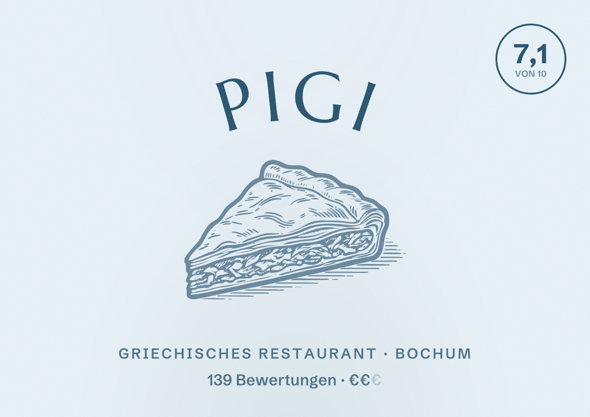 Illustriertes Poster von PIGI, Griechisches Restaurant in Bochum: Gästebewertung 7,1 von 10 aus 139 Bewertungen
