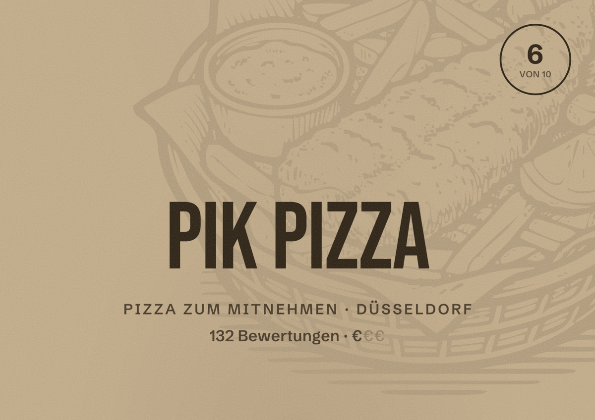 Illustriertes Poster von Pik Pizza, Pizza zum Mitnehmen in Düsseldorf: Bewertung 6,0 von 10 aus 132 Bewertungen, Preisniveau €