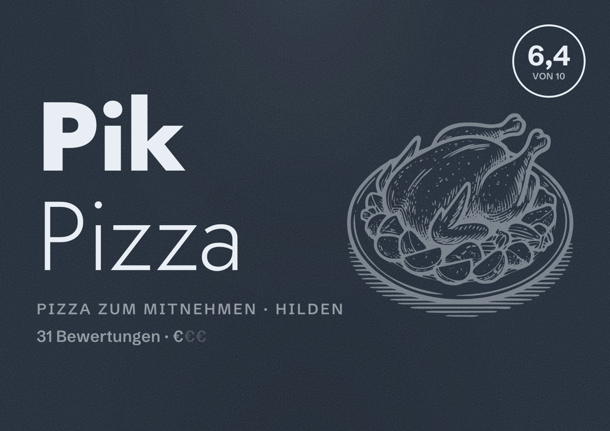 Illustriertes Poster von Pik Pizza, Pizza zum Mitnehmen in Hilden: Bewertung 6,4 von 10 aus 31 Bewertungen, Preisniveau €