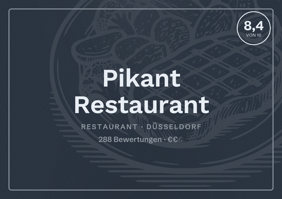 Illustriertes Poster von Pikant Restaurant, Restaurant in Düsseldorf: Bewertung 8,4 von 10 aus 288 Bewertungen, Preisniveau €€