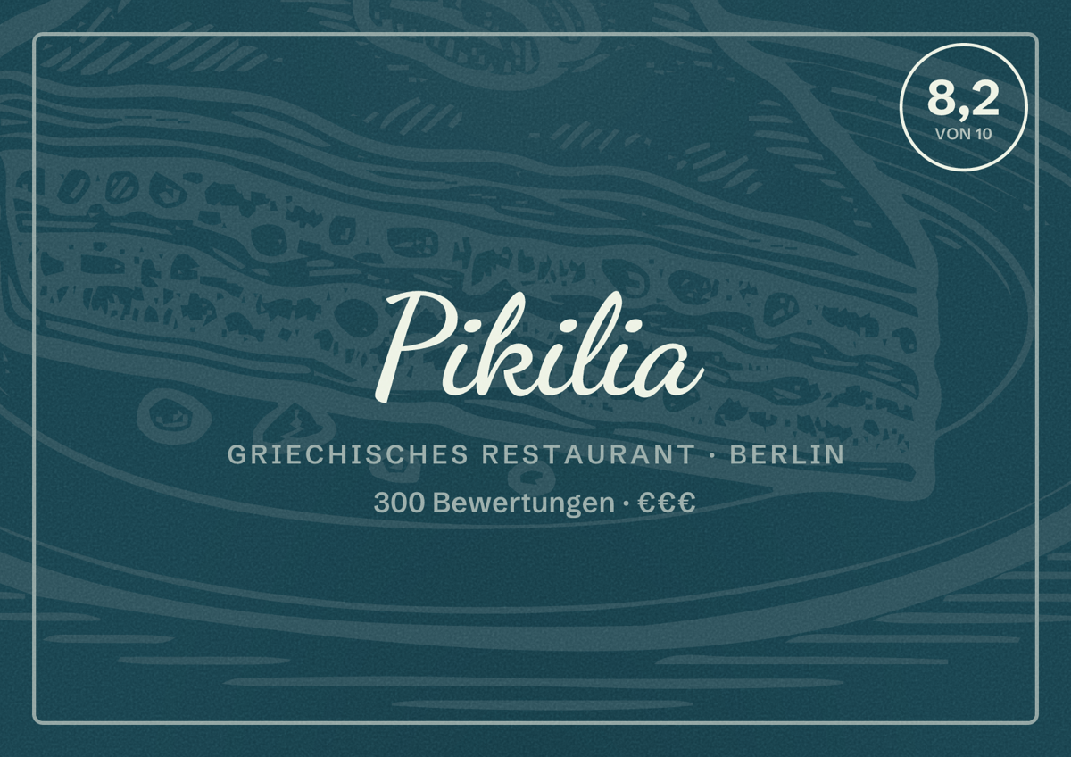 Illustriertes Poster von Pikilia, Griechisches Restaurant in Berlin: Bewertung 8,2 von 10 aus 300 Bewertungen, Preisniveau €€€