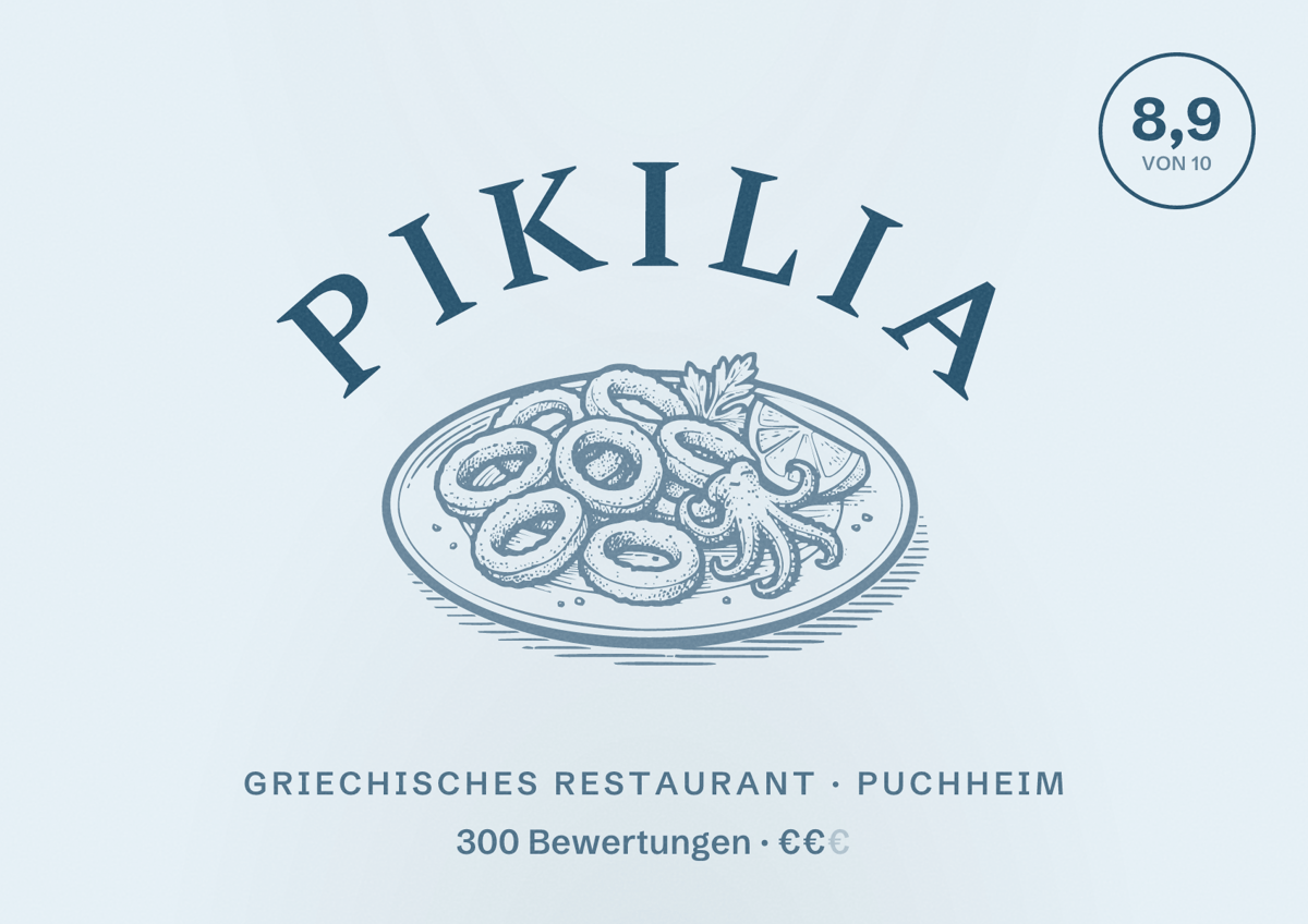 Illustriertes Poster von Pikilia, Griechisches Restaurant in Puchheim: Bewertung 8,9 von 10 aus 300 Bewertungen, Preisniveau €€