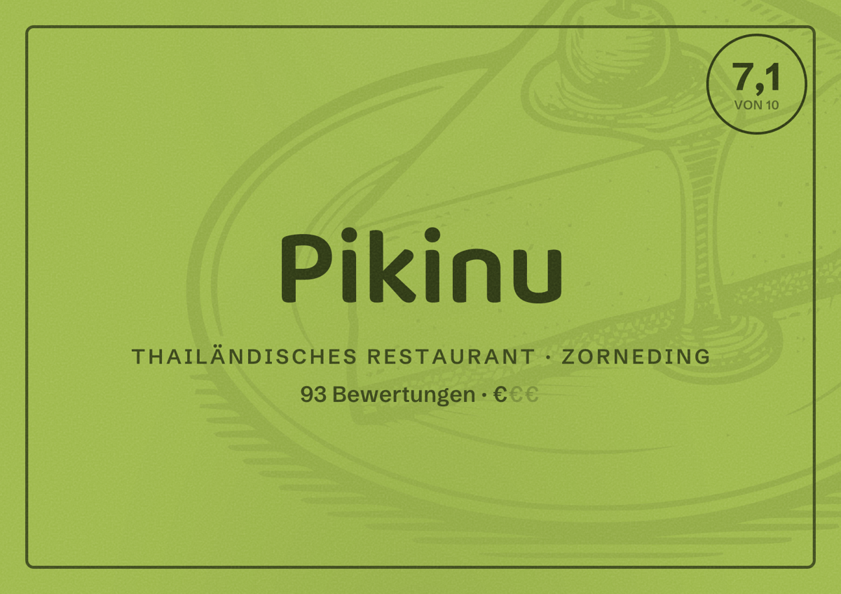 Illustriertes Poster von Pikinu, Thailändisches Restaurant in Zorneding: Bewertung 7,1 von 10 aus 93 Bewertungen, Preisniveau €